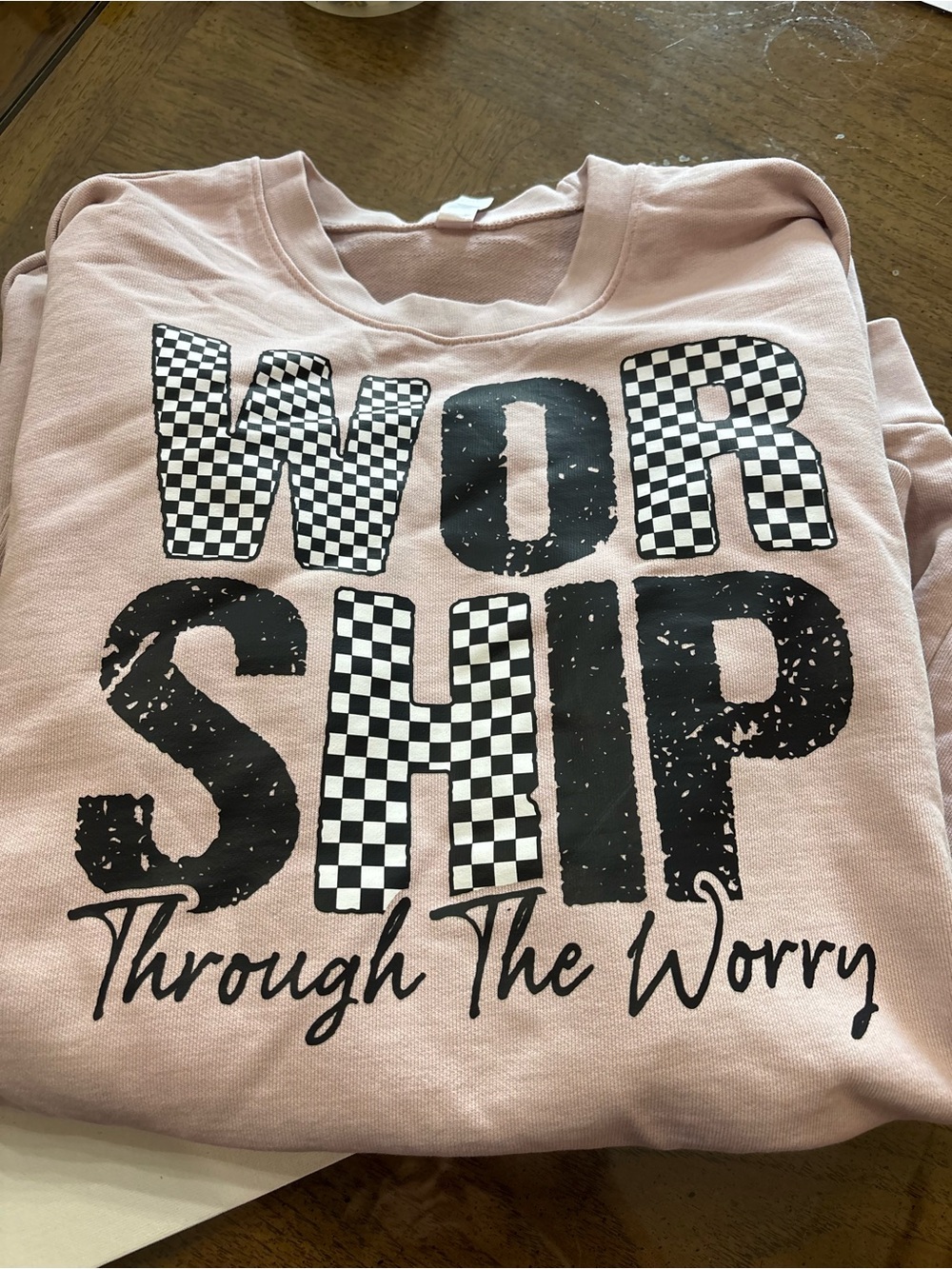 American Apparel Pink Graphic 'Worship' Checkerboard Pullover Sweatshirt
